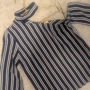 Amanda Uprichard Two-Piece Set — Blue/White Stripe Off-Shoulder Top + Shorts